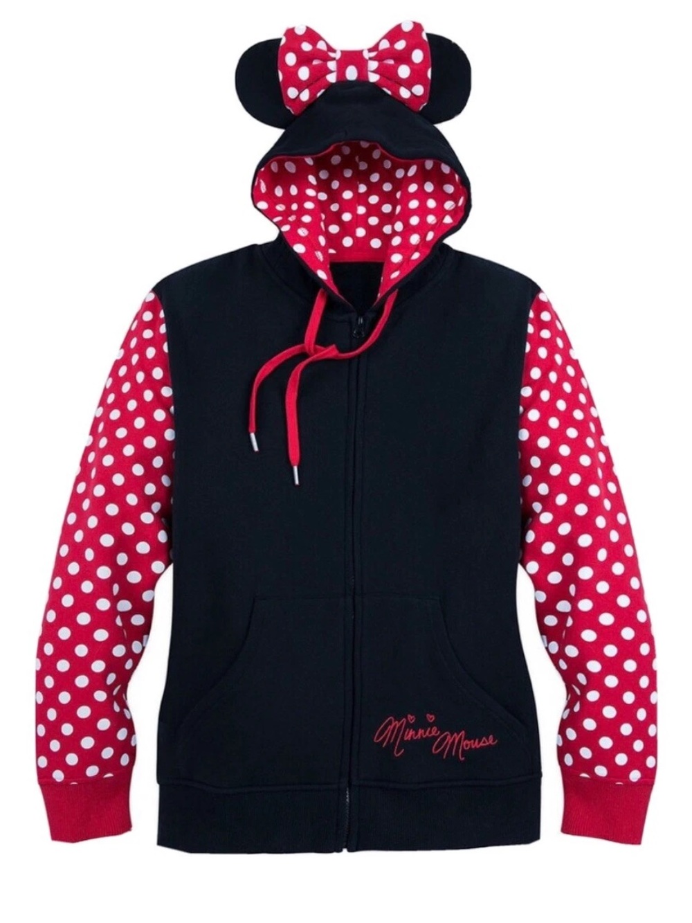 DISNEY PARKS Minnie Mouse Black Red Hoodie Sweater Ears Bow Hood Womens SZ Small